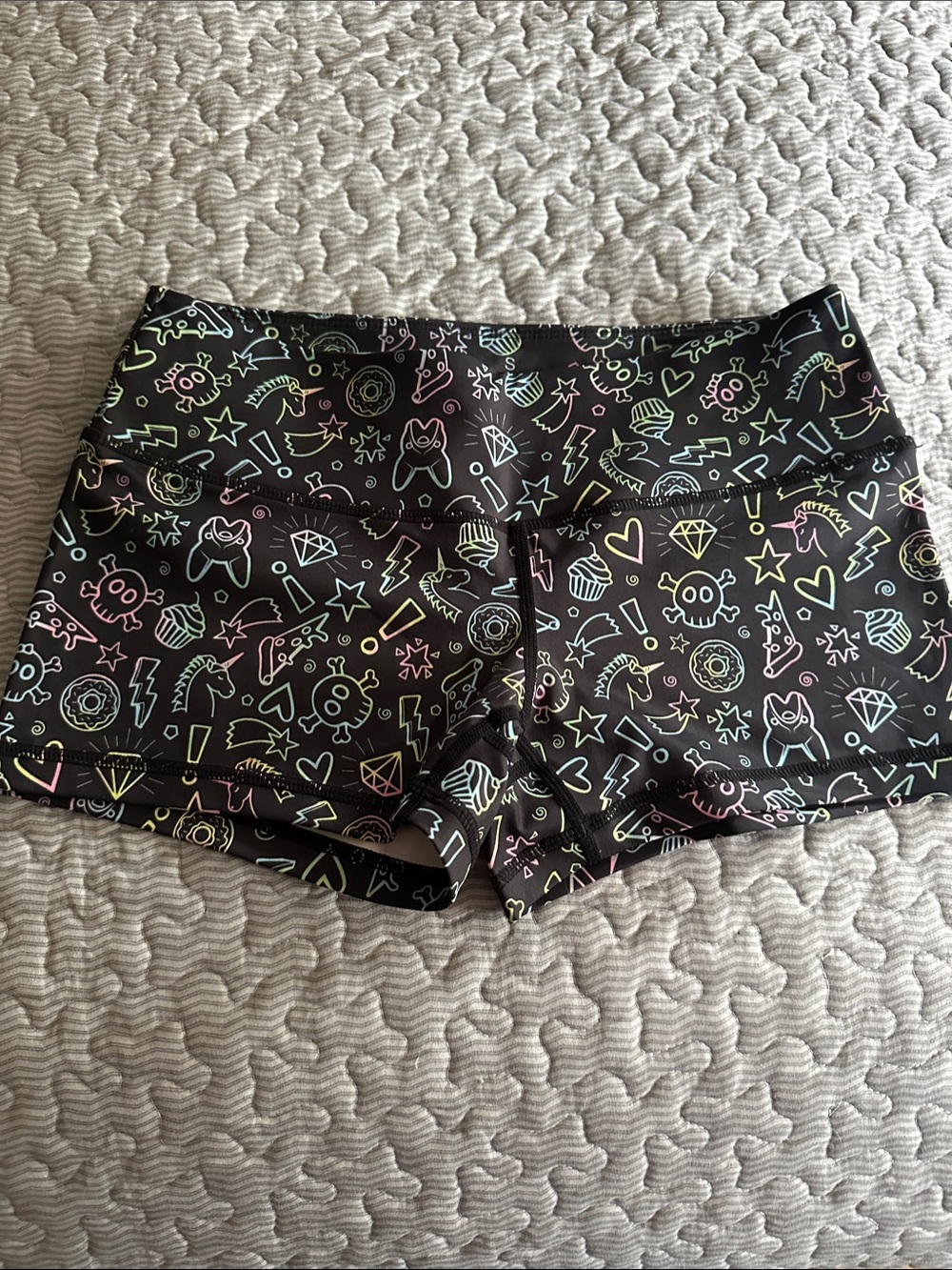 Black Women's Bike Shorts with Neon Pastel Doodle Print